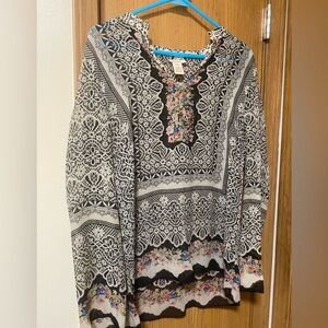 Sundance Black & White Lace Print Silk Tunic Top Floral Sequin Beaded L